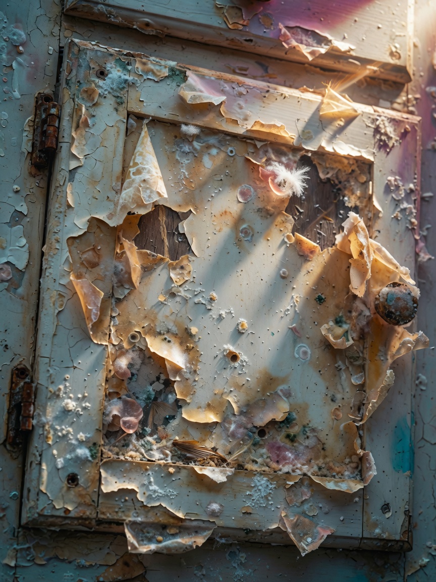 Close-up of peeling cabinet finish caused by high humidity and salt air in Southwest Florida, extreme detail texture, realistic 8K macro photography