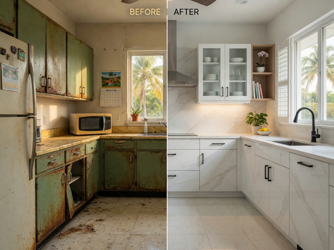 Ultra-realistic 8K image of before and after split screen showing old corroded cabinets versus new commercial cabinets in an Alico Florida home, dramatic transformation, natural lighting