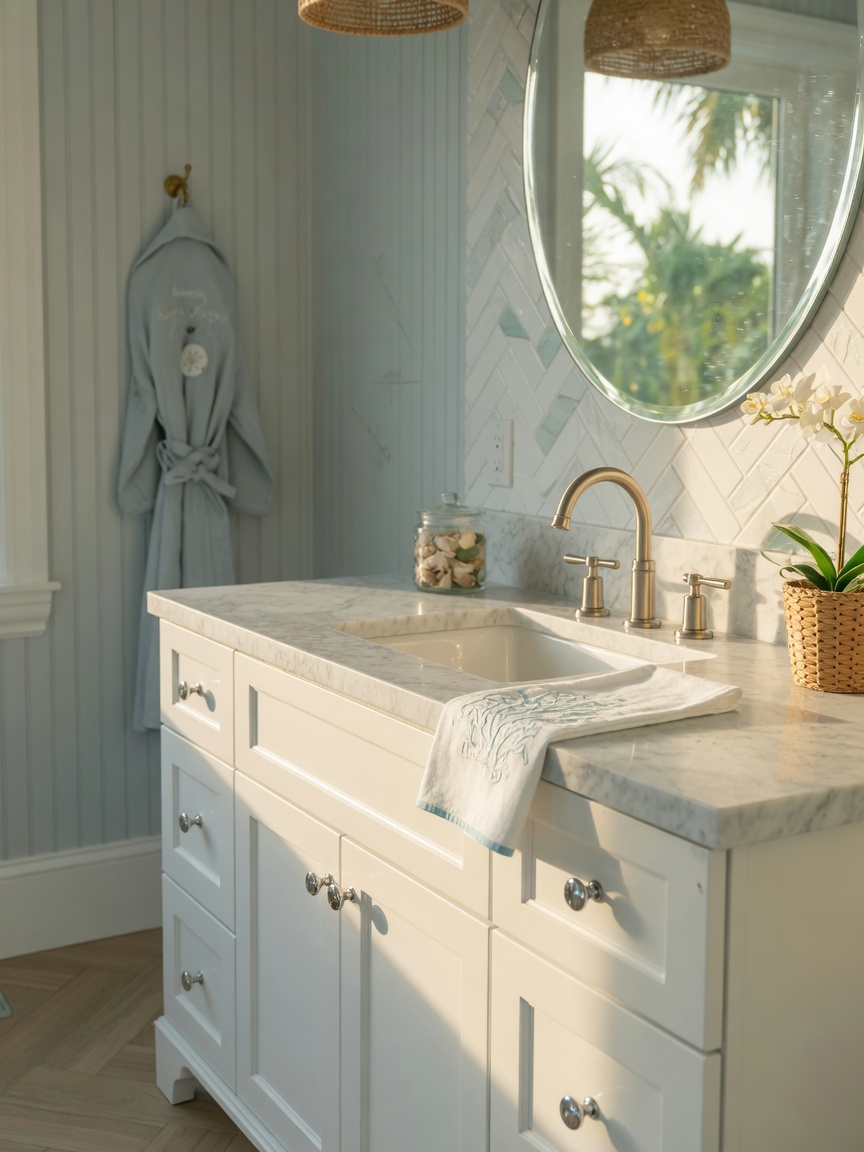 Ultra-realistic 8K photo of finished bathroom vanity cabinet installation in coastal Bonita Springs Florida home, light and airy design, white cabinets, marble countertop, morning light