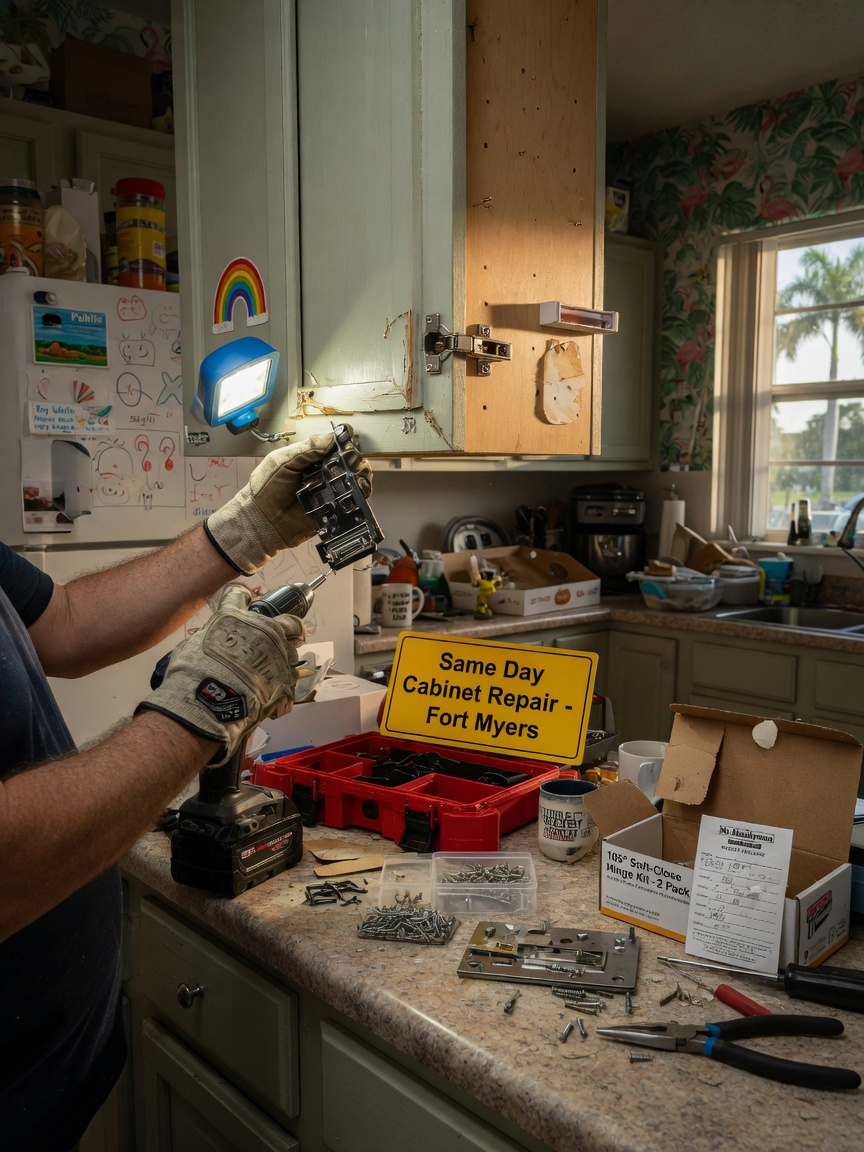 8K ultra-realistic photo of same-day emergency cabinet repair being performed on broken hinge in a family kitchen in Fort Myers, tools and new parts visible