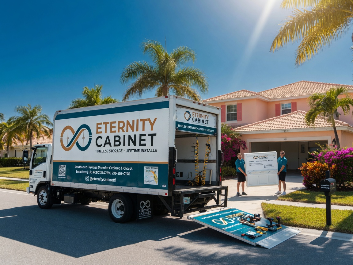 8K cinematic view of Eternity Cabinet installation truck parked outside a South Fort Myers home with company branding clearly visible, sunny Florida day, palm trees in background