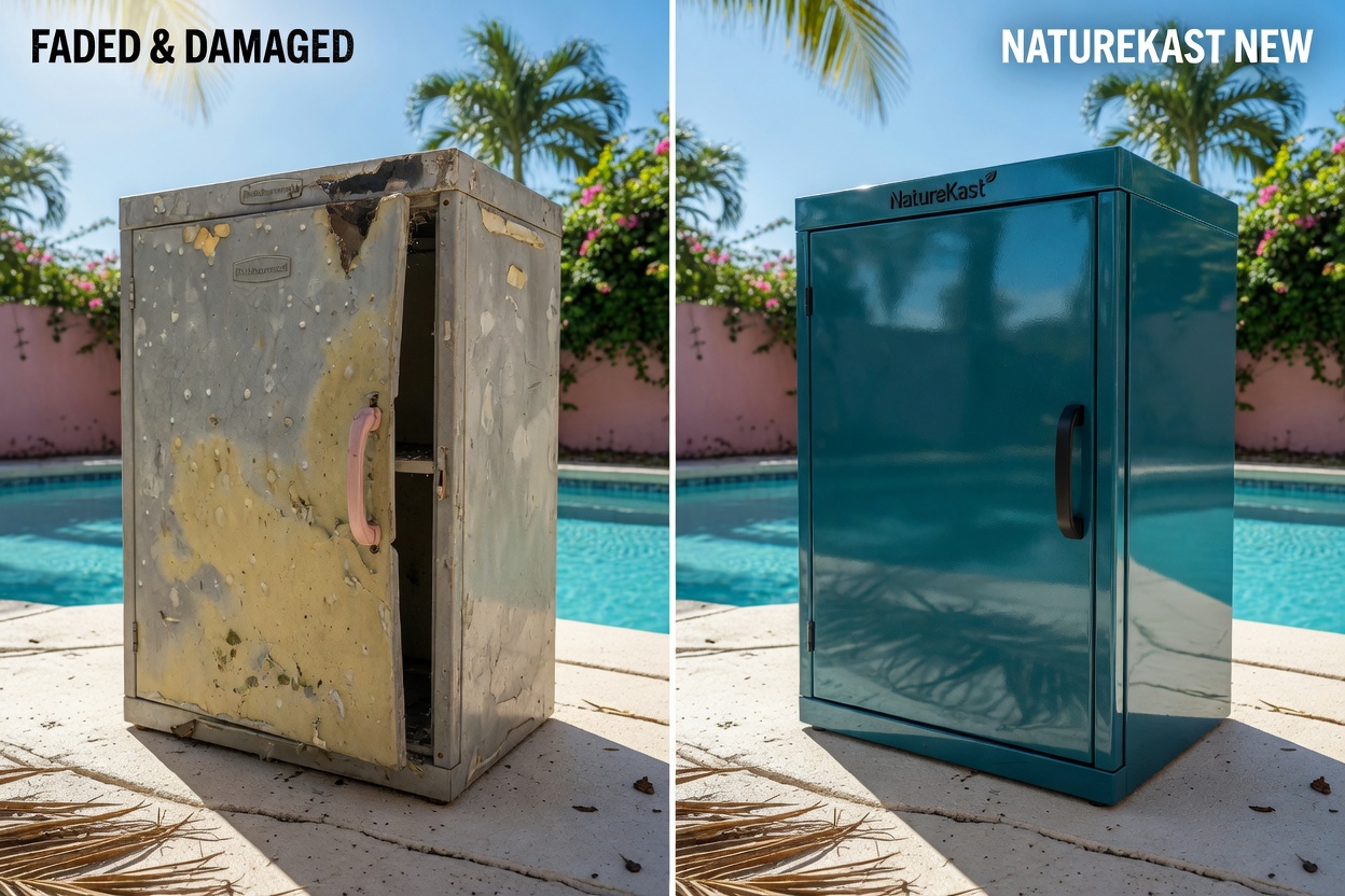Ultra-detailed 8K image showing comparison of faded damaged outdoor cabinet versus vibrant new NatureKast weatherproof outdoor cabinet finish under intense Florida sunlight