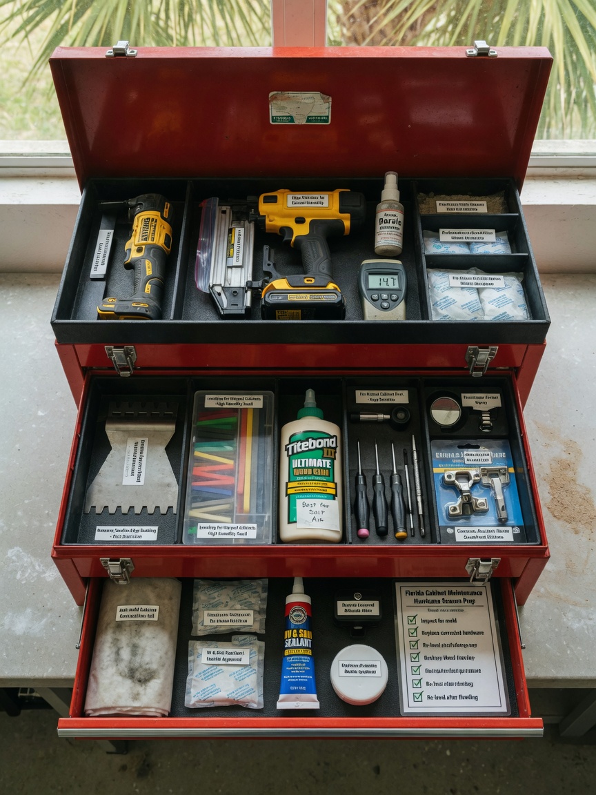 Ultra-realistic 8K photo of a clean organized toolbox filled with cabinet repair tools specific to Florida climate challenges, natural lighting