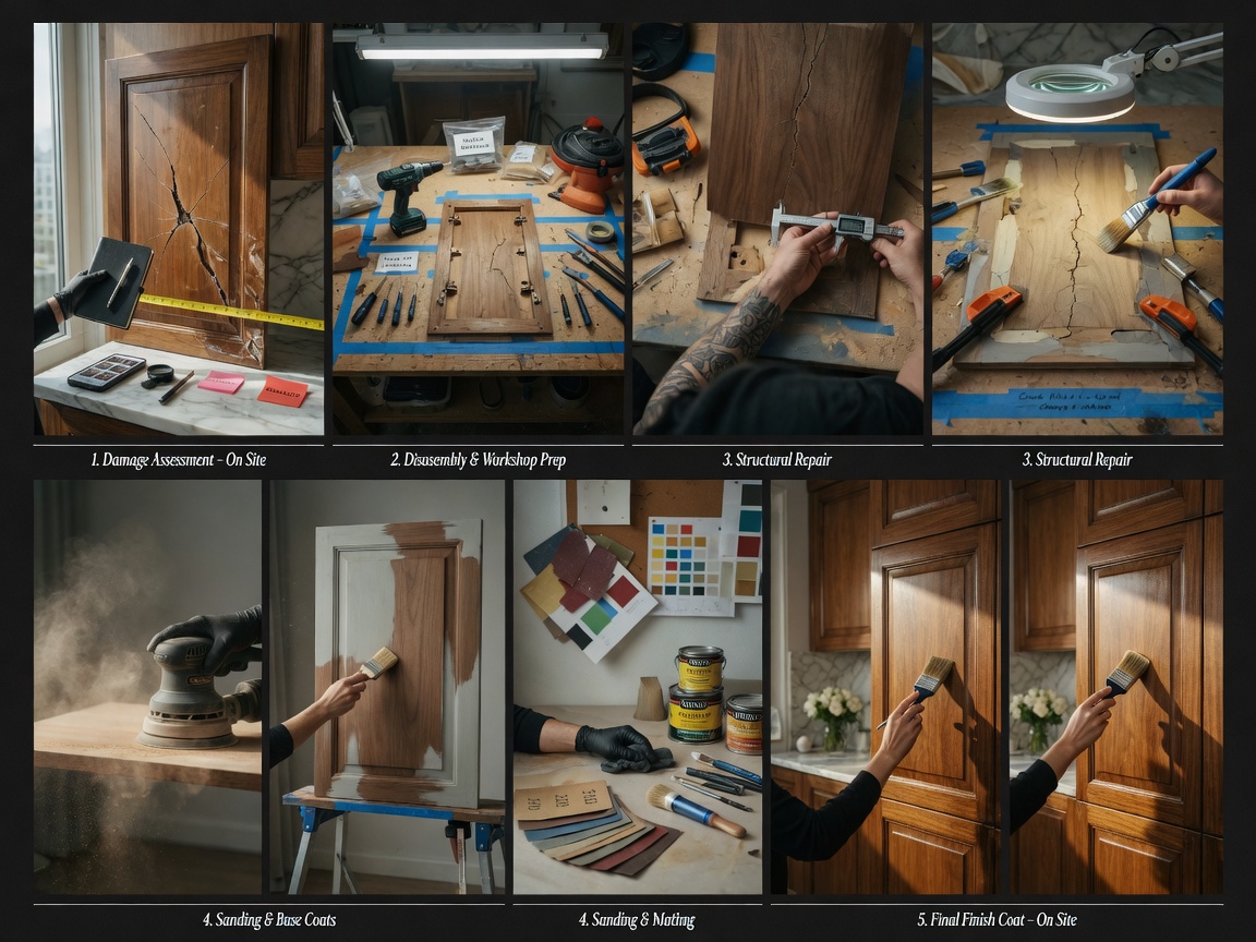 Time-lapse style sequence showing cabinet repair steps from damage assessment to final finish coat, realistic workshop and on-site images combined
