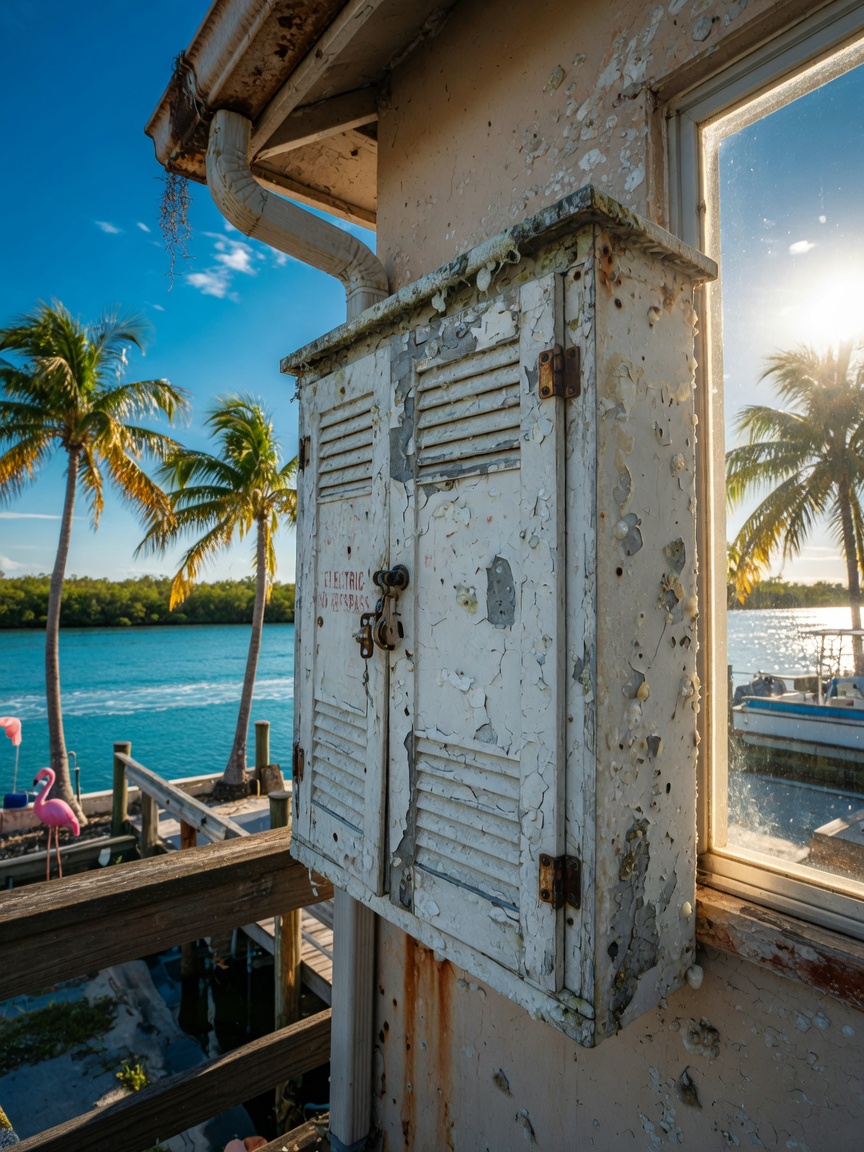 Ultra-realistic 8K image of salt air damaged cabinet exterior on a waterfront home in South Fort Myers, showing fading and corrosion, sunny Florida day with palm trees in background