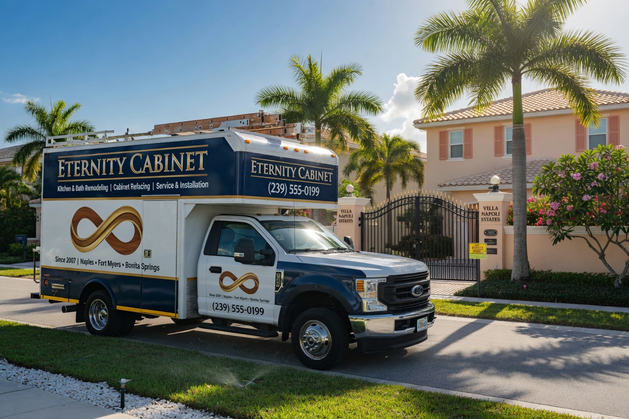 Ultra-realistic 8K photograph of Eternity Cabinet service truck parked outside a gated community home in Naples Florida, professional branding, sunny weather, palm trees in background
