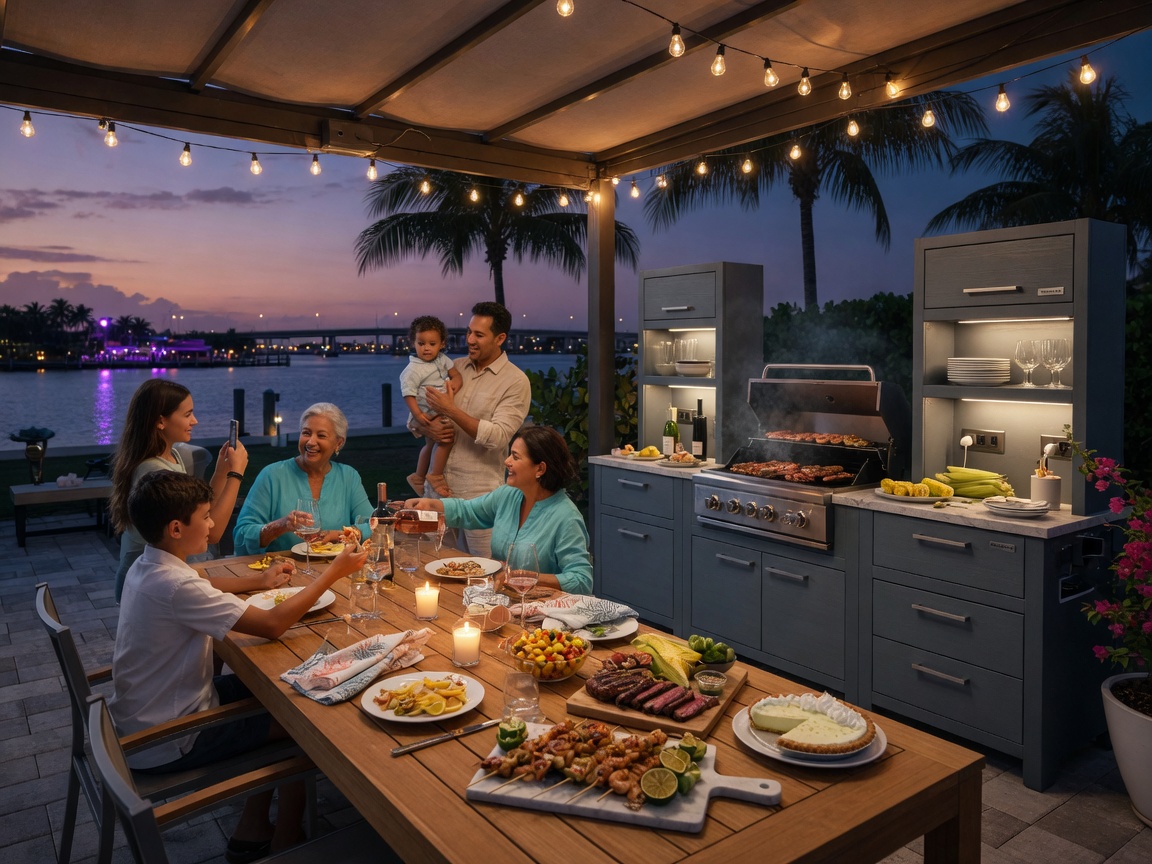 Cinematic 8K evening scene of Cape Coral outdoor dining area featuring beautifully lit NatureKast weatherproof outdoor cabinets with prepared food and family gathering