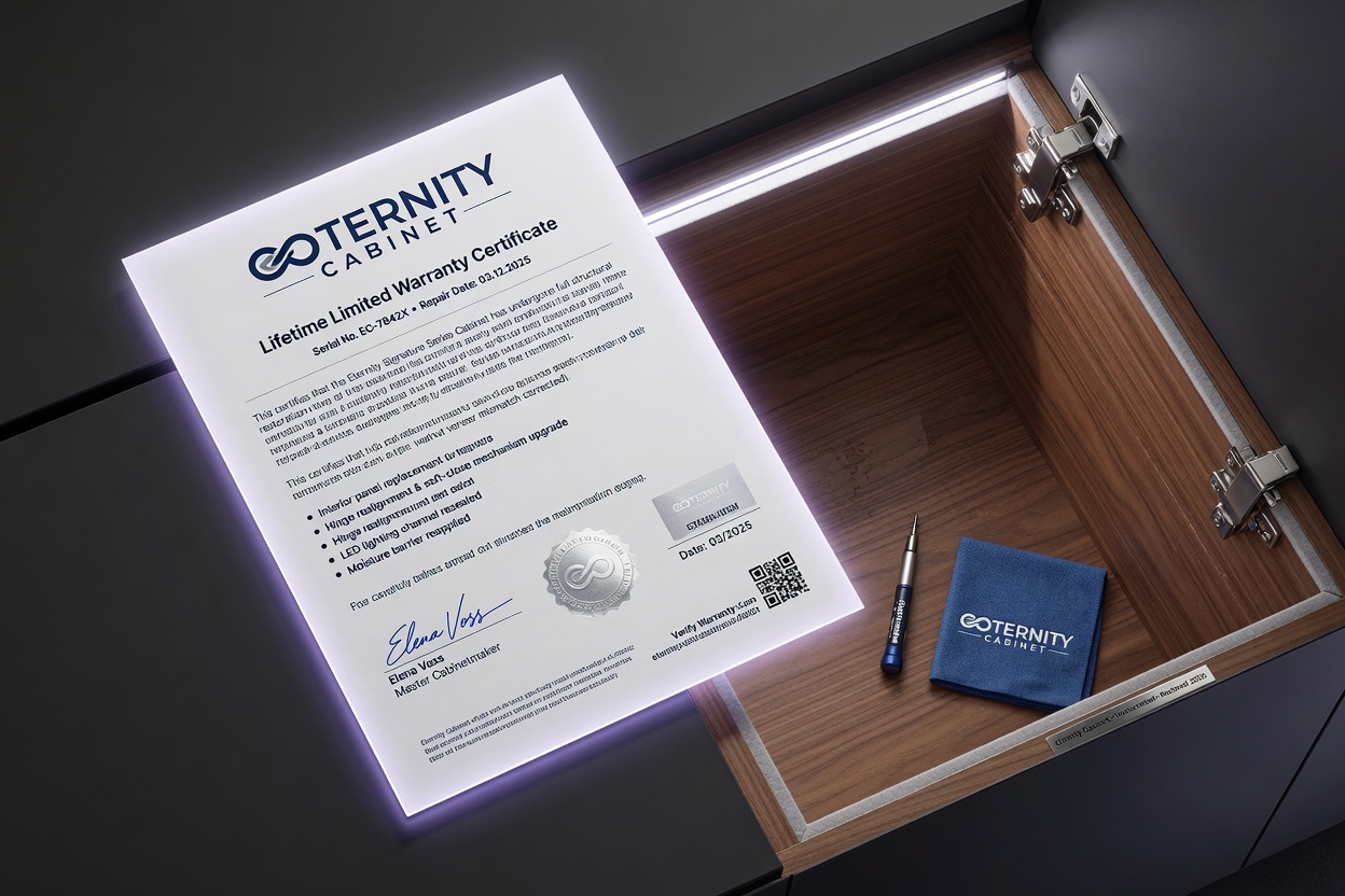 Warranty document and repaired cabinet interior, professional setting with Eternity Cabinet branding, clear legible text areas, clean modern photography style, 8K resolution