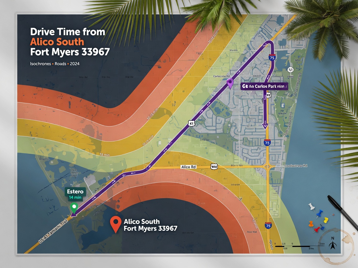 Map overlay style realistic image showing drive time routes between Alico South Fort Myers 33967 and neighboring areas like Estero and San Carlos Park, Florida roads and palm trees