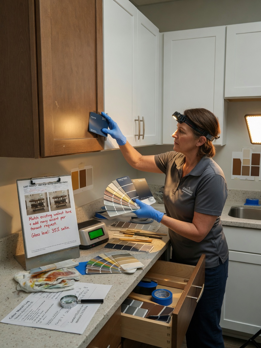 Ultra-realistic 8K photo of detailed color matching process during Cart project, technician comparing swatches to existing cabinet finish in an Alico kitchen