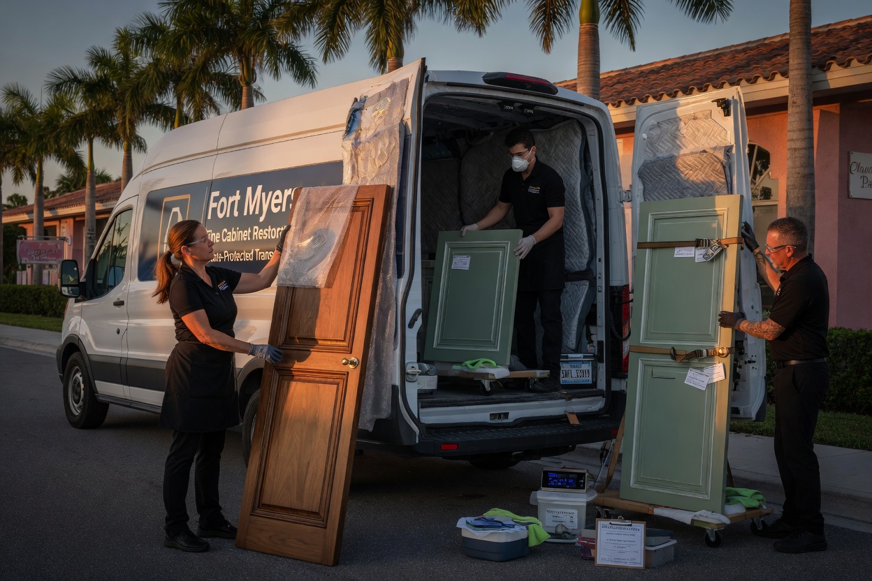 Ultra-realistic 8K image of professional cabinet restoration team carefully loading restored cabinet doors into climate-controlled van for delivery in South Fort Myers