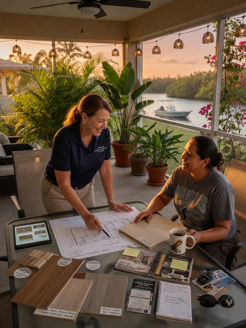 Ultra-realistic 8K image of a technician providing a commercial cabinets free estimate to a homeowner on their lanai in South Fort Myers, showing plans and material samples, friendly interaction