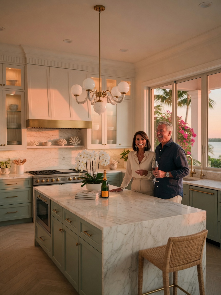 Cinematic 8K image of finished kitchen after full cabinet installation, happy homeowners standing at island, warm evening lighting, Naples Florida luxury residence