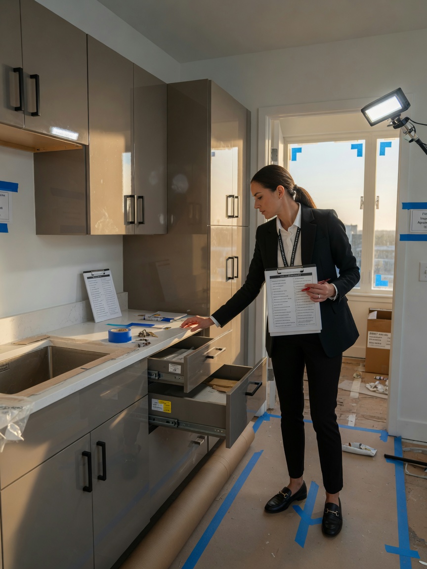 Professional 8K image of a property manager inspecting newly installed commercial cabinets during final walkthrough in a 33967 apartment complex unit, checklist in hand