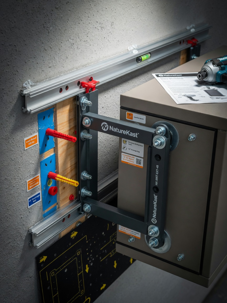 8K technical photograph of NatureKast weatherproof outdoor cabinet mounting system and wall attachment details, showing engineering quality and installation techniques