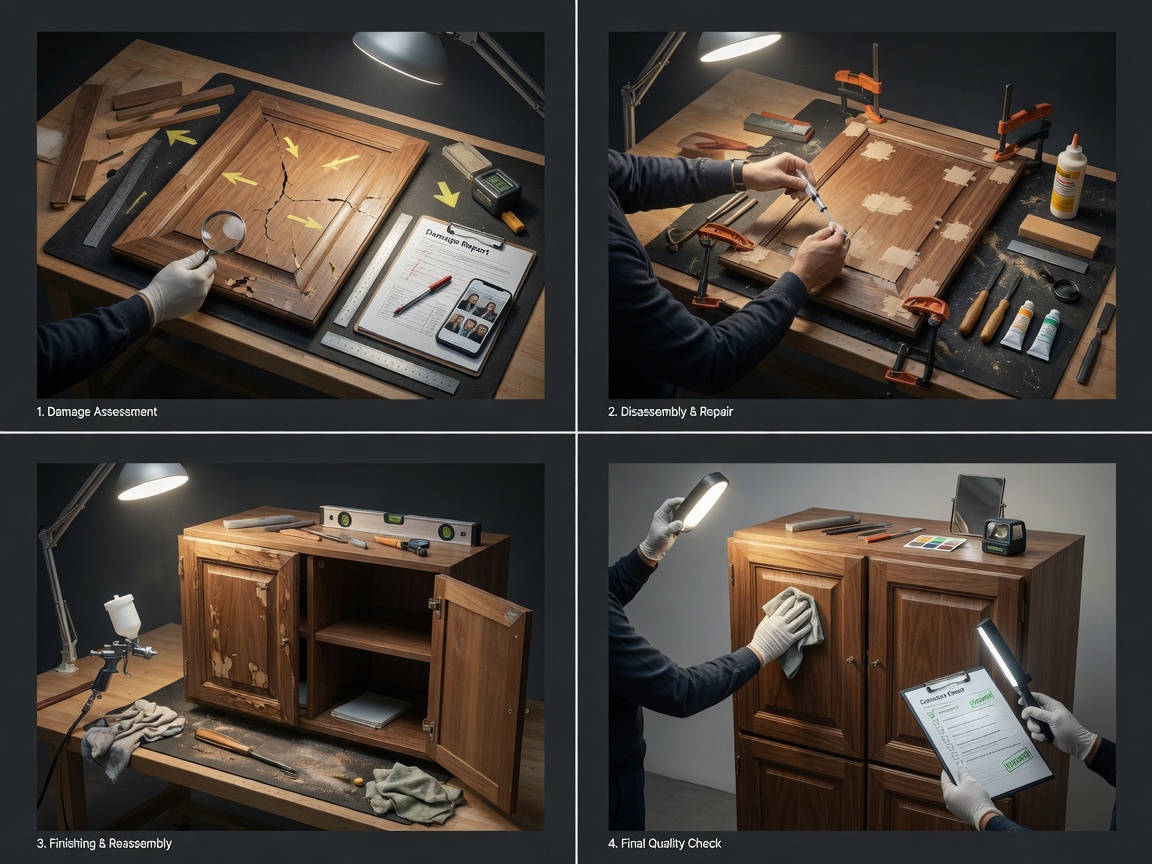 Time-lapse style sequence showing cabinet repair progression in 4 panels, ultra-realistic 8K, from damage assessment to final quality check, clean professional workflow