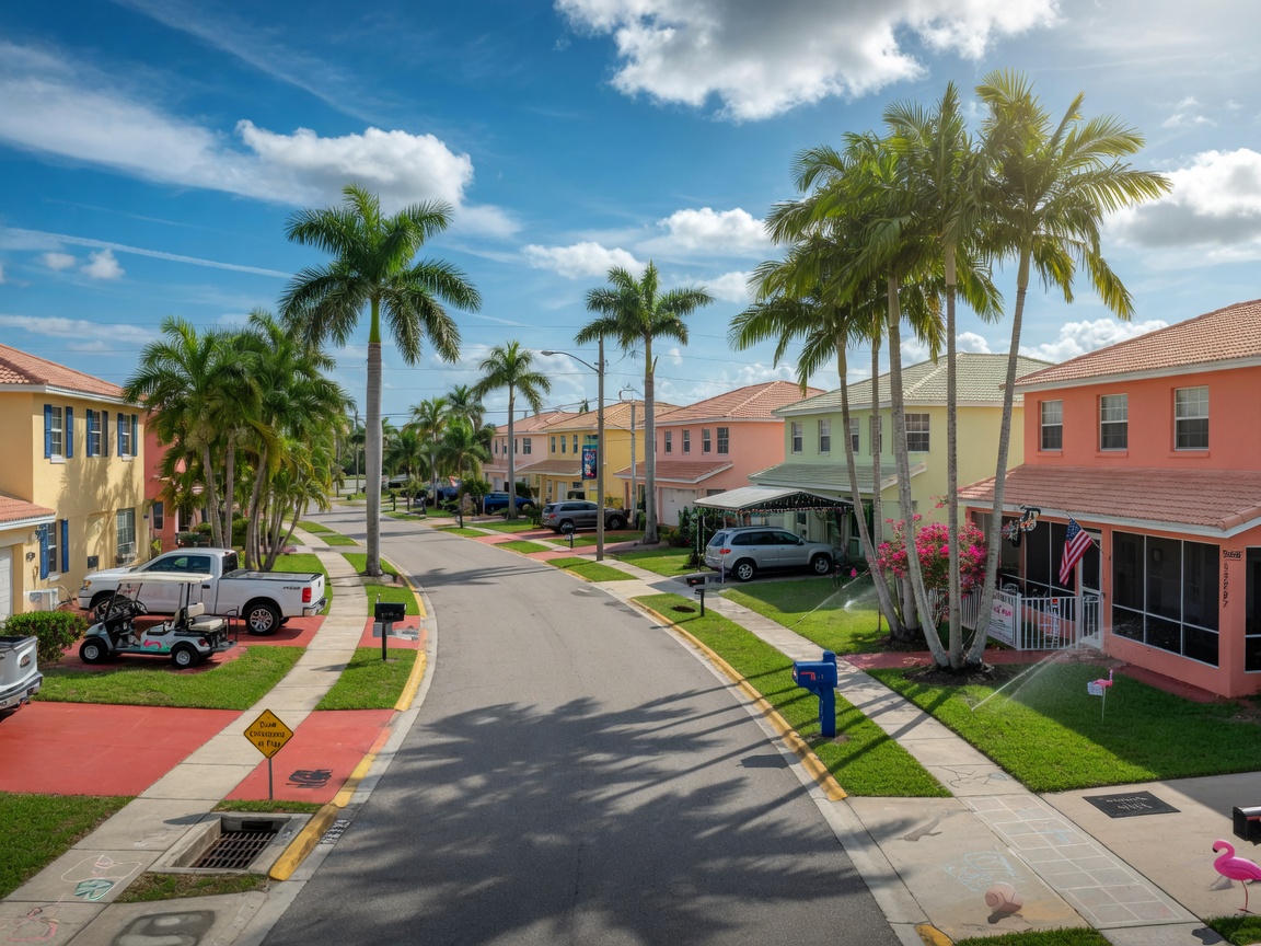 Ultra-realistic 8K photograph of a South Fort Myers 33967 neighborhood street with beautiful homes and palm trees, sunny Florida sky, residential feel