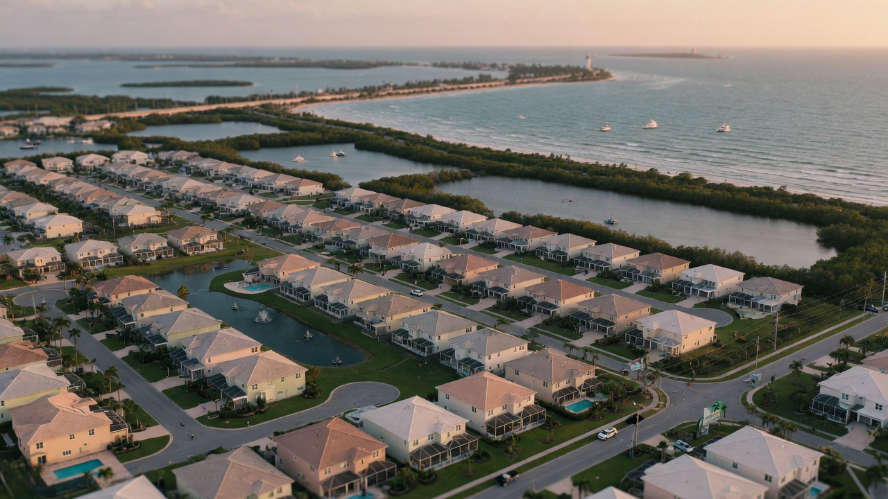 Aerial realistic 8K view of Alico / South Fort Myers residential community in Lee County Florida showing proximity to coast and suburban homes