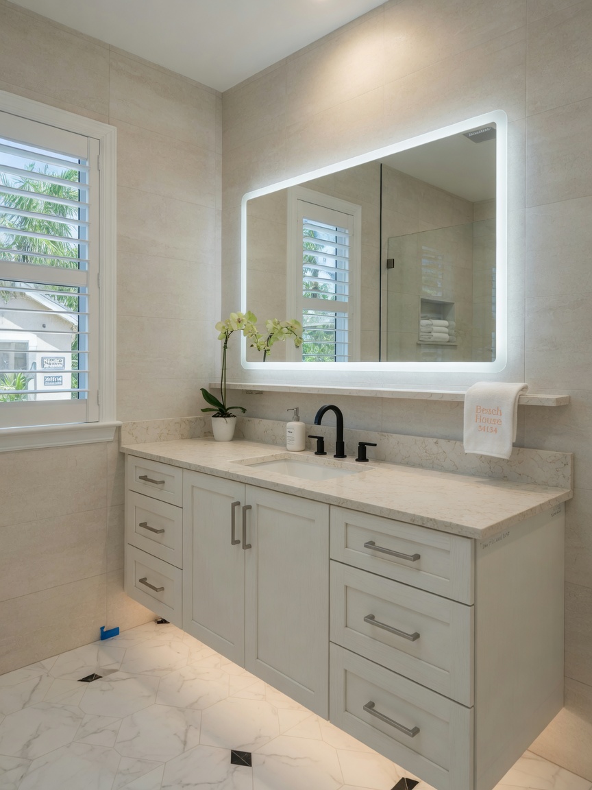 Ultra-realistic 8K photograph of a completed bathroom vanity installation in a Bonita Springs Florida 34134 home featuring quartz countertop and perfectly aligned custom cabinets