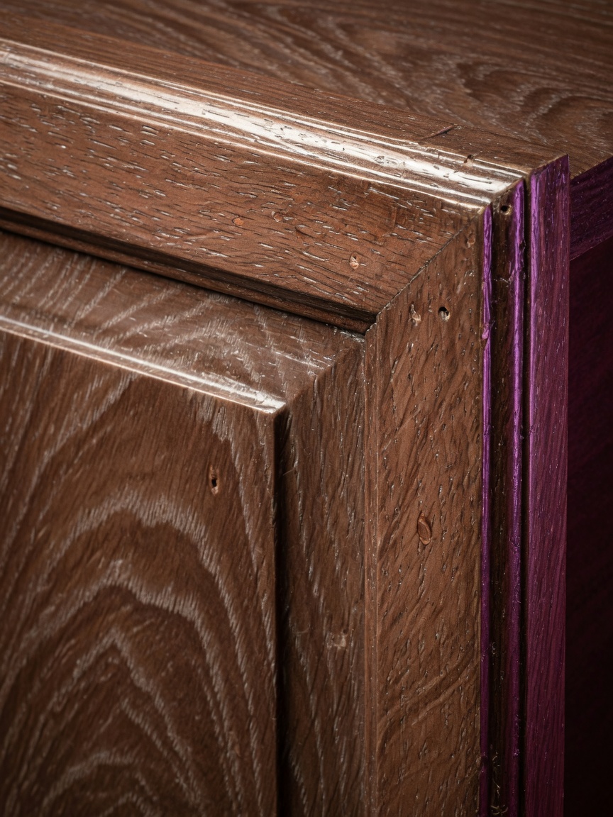 Ultra-realistic 8K close-up of wood grain texture on professionally restored cabinet door showing multiple protective coating layers, extreme detail, studio lighting