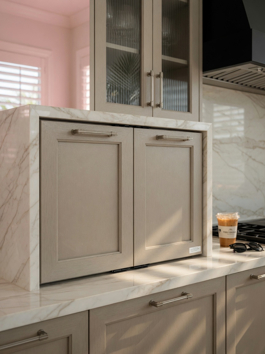 Ultra-realistic 8K image of cabinet doors properly aligned after Checkout service with perfect gaps, high-end kitchen in South Fort Myers home