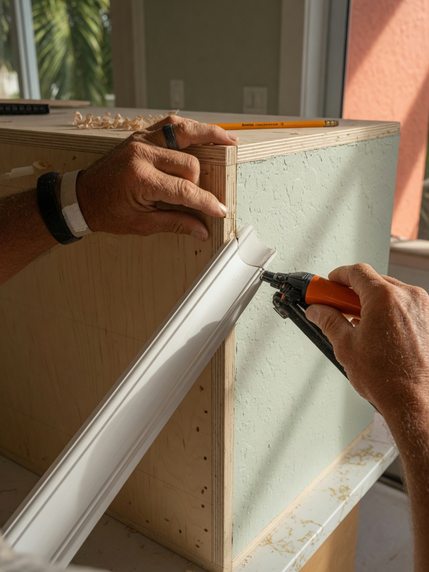 Ultra-realistic 8K close-up of scribe molding being fitted to cabinet end panel in Bonita Springs home, craftsman hands visible, precise woodworking details, 8K resolution