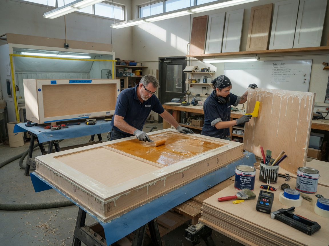 Ultra-realistic 8K photo of moisture-resistant cabinet construction process in workshop, sealed plywood, special coatings, professional cabinet makers at work