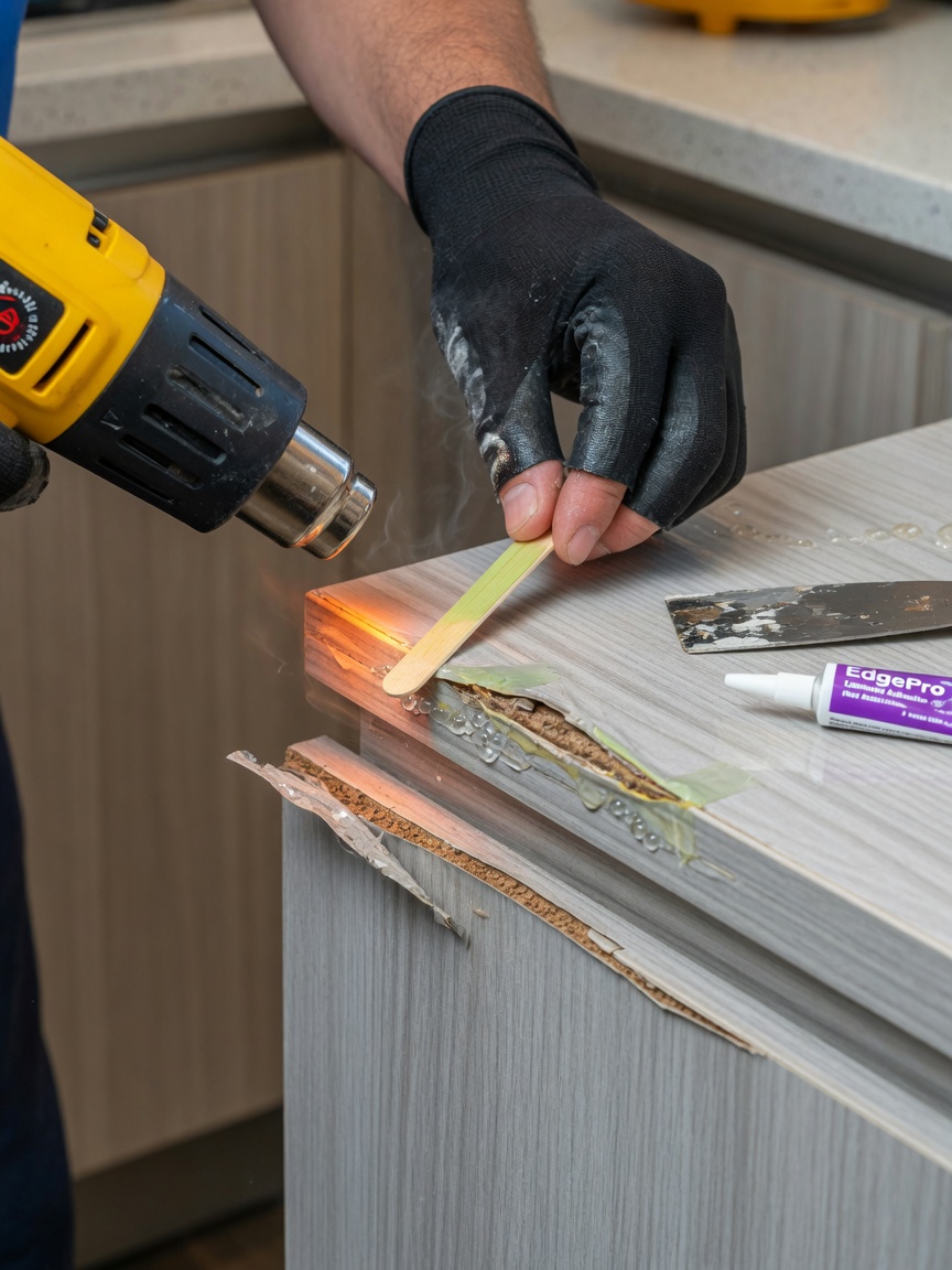 Detailed 8K image of a professional repairing laminate cabinet edge with heat gun and specialized adhesive, focused on hands and repair area