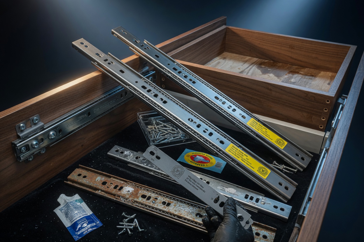 Detailed 8K image of cabinet drawer tracks and slides being replaced with heavy duty corrosion resistant versions suitable for Florida climate