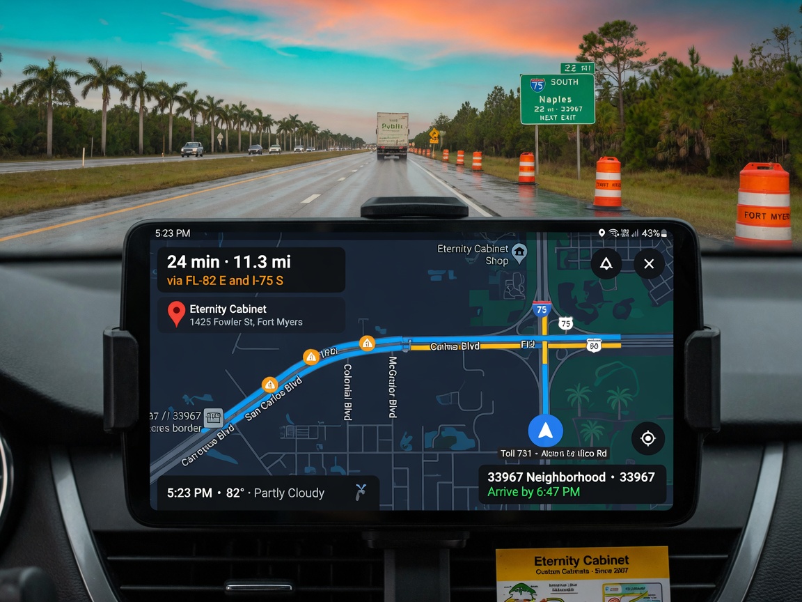 Drive time concept image showing map route between Eternity Cabinet shop and 33967 neighborhood in Fort Myers, realistic navigation style with Florida roads