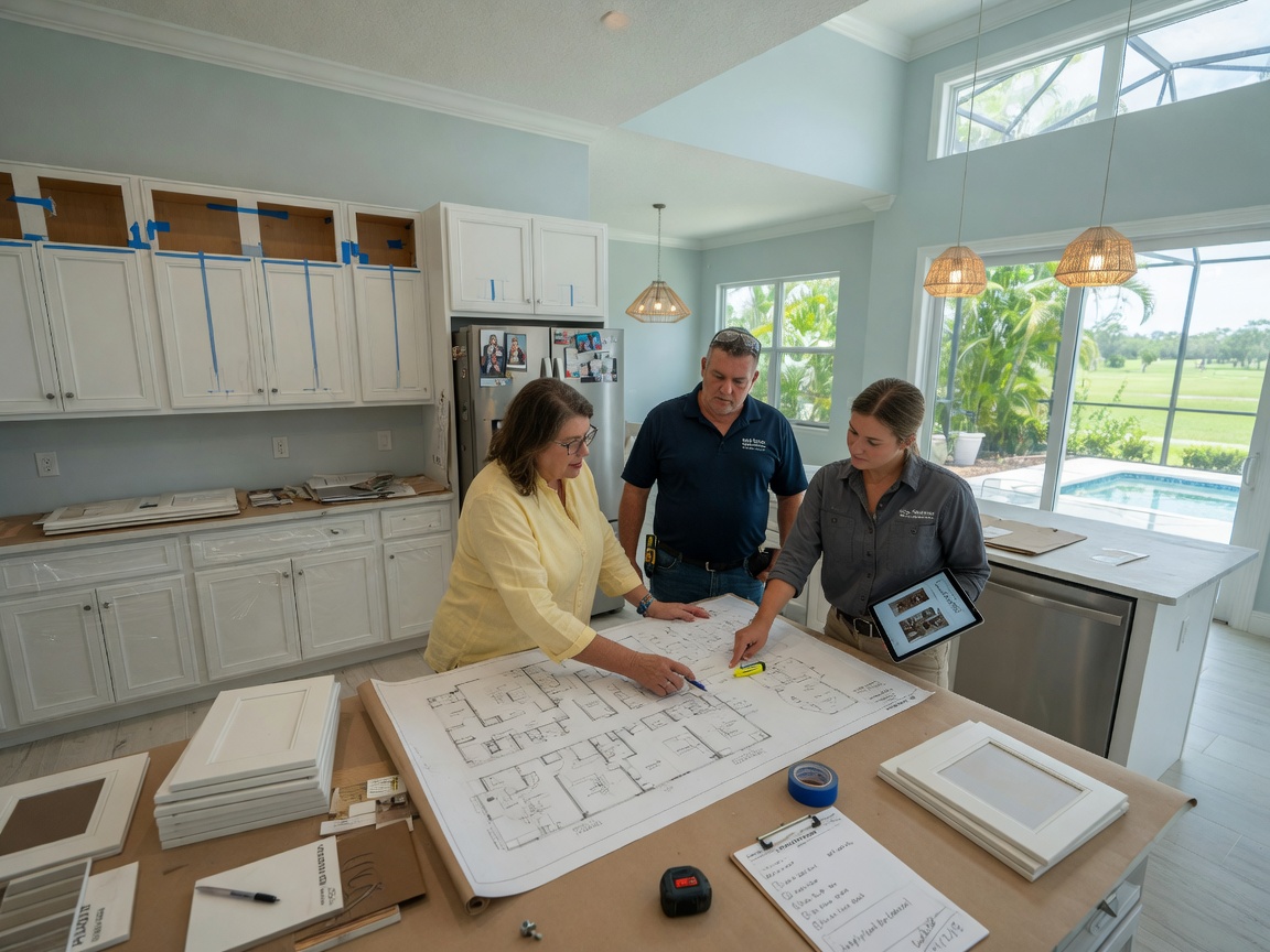 Ultra-realistic 8K image of a homeowner consulting with professional installers about cabinet layout in a spacious South Fort Myers kitchen with natural light and open floor plan