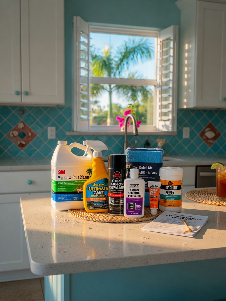 Ultra-realistic 8K photograph of maintenance products recommended after Cart service arranged neatly on a countertop in a clean Southwest Florida kitchen