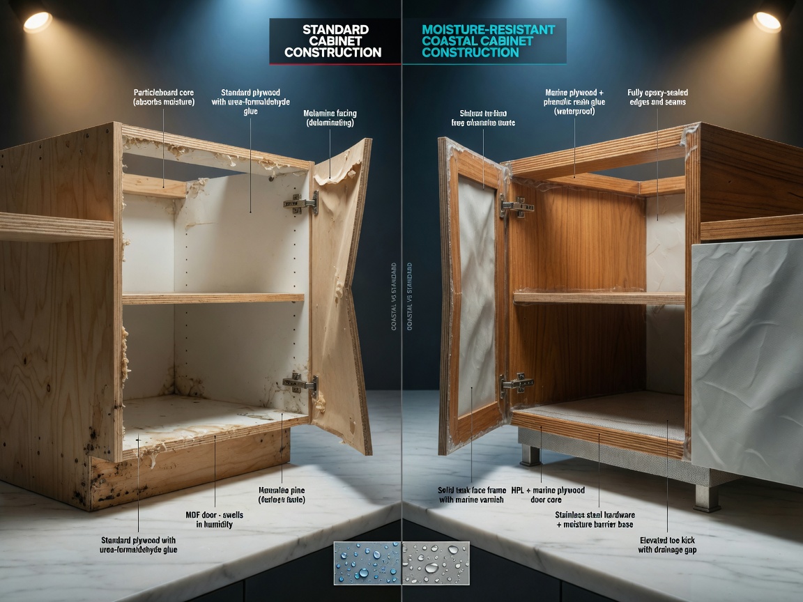 Detailed 8K image showing the difference between standard cabinet construction and moisture-resistant coastal cabinet construction side by side with labels