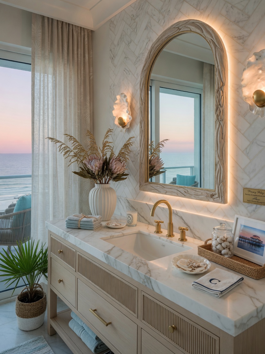 Aesthetic shot of completed bathroom vanity after Privacy Policy service in a luxury Naples Florida condo, soft lighting, coastal decor, 8K photorealistic