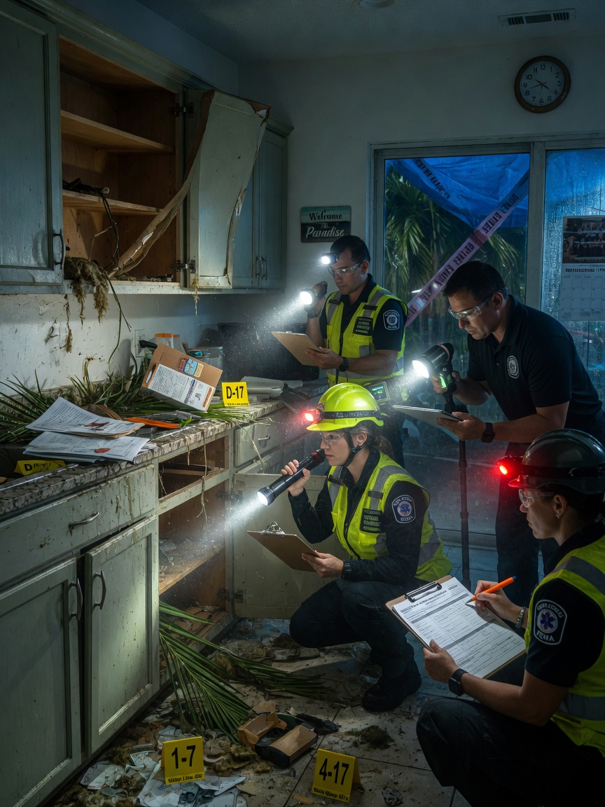 Professional 8K image showing 24-hour emergency response team assessing storm damage to kitchen cabinets in Cape Coral home after hurricane, flashlights and documentation