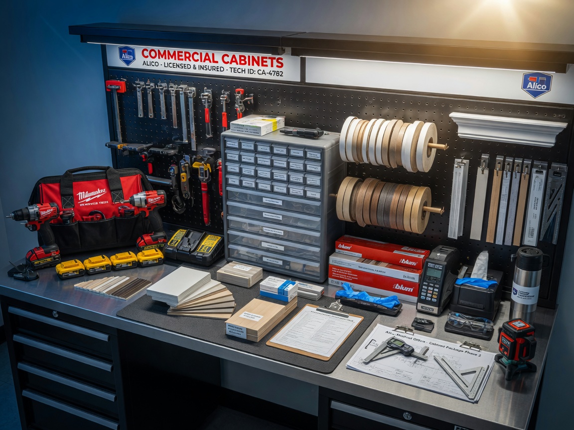 8K image of organized tools and materials used by licensed Commercial Cabinets in Alico technicians, neatly arranged in a clean workspace, professional service aesthetic