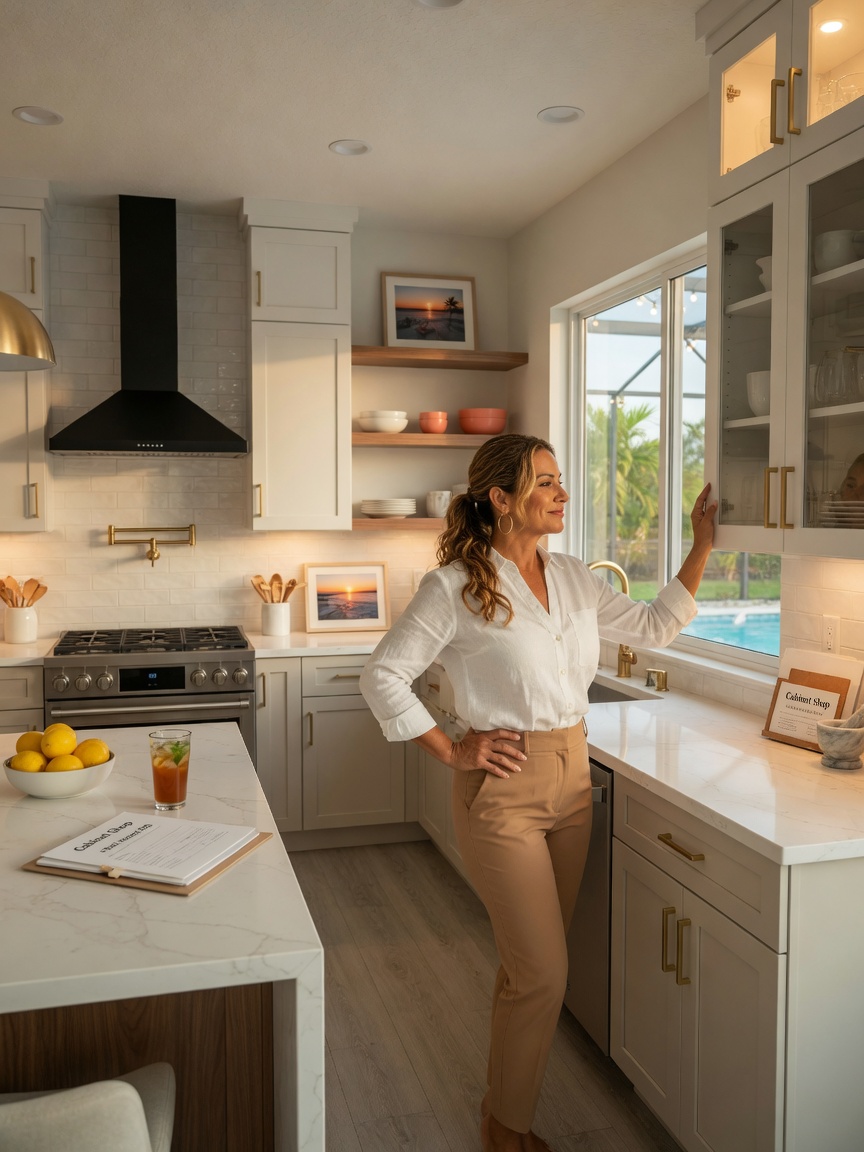 Ultra-realistic 8K image of a satisfied Cape Coral homeowner standing in newly renovated kitchen after professional cabinet Shop, warm inviting atmosphere