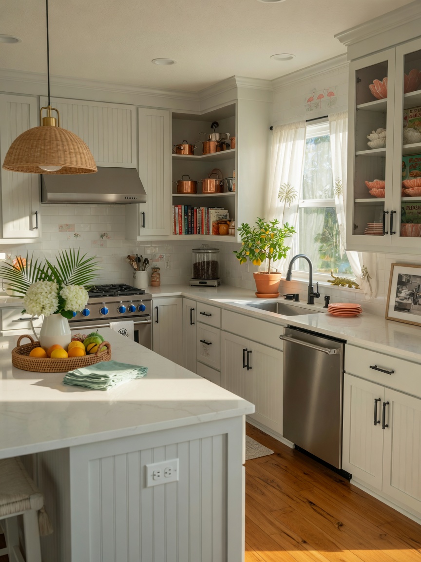 Complete kitchen after full Cart restoration in Alico home, beautiful updated cabinets with corrosion resistant hardware, bright morning light, luxurious yet practical Florida style, ultra realistic 8K