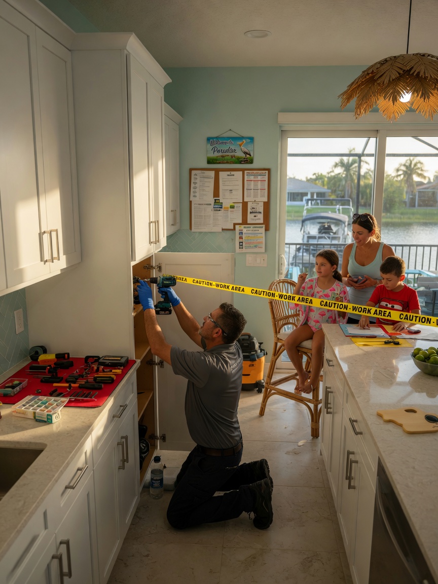 Ultra-realistic 8K photo of a family kitchen in Cape Coral with children safely away from repair area while technician works on pantry cabinet