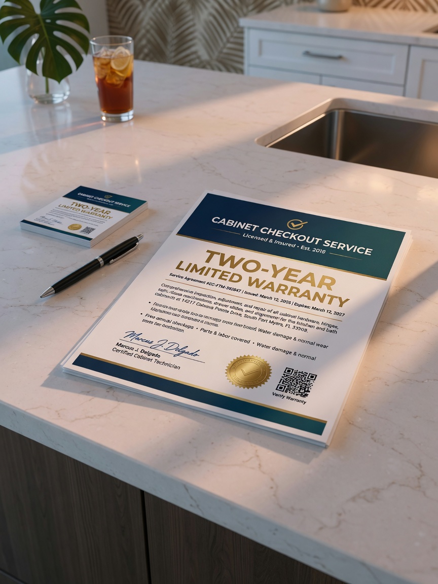 Two-year warranty document for cabinet Checkout service placed on clean kitchen counter in South Fort Myers home, professional and trustworthy appearance