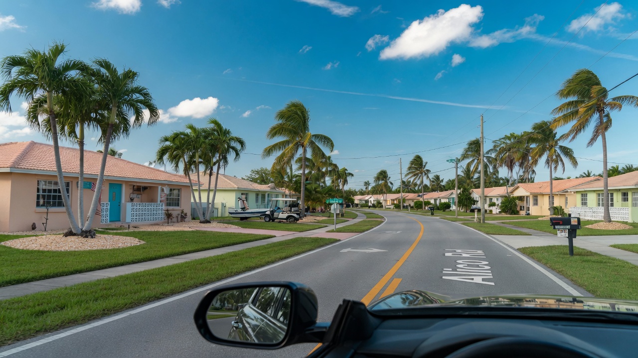 Ultra-realistic 8K image showing the drive from Alico Road to a South Fort Myers neighborhood with typical Florida homes, palm trees, and blue sky, establishing shot