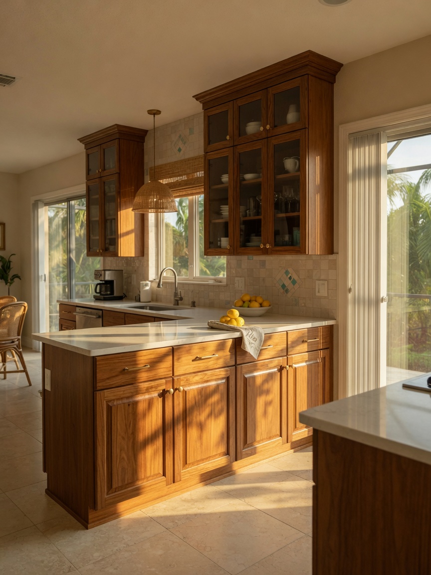 Ultra-realistic 8K image of restored kitchen at golden hour with warm sunlight highlighting the beautiful cabinet finishes in an Alico South Fort Myers residence