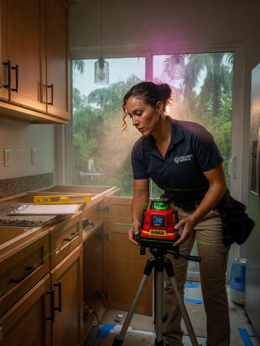 Technician using laser level during cabinet Checkout alignment in humid Florida home, precise professional setting, ultra-realistic 8K photograph