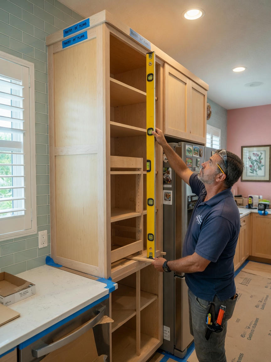 Ultra-realistic 8K image of cabinet installer checking plumb with 6-foot level on tall pantry cabinet in Bonita Springs kitchen, focused professional at work, natural interior lighting