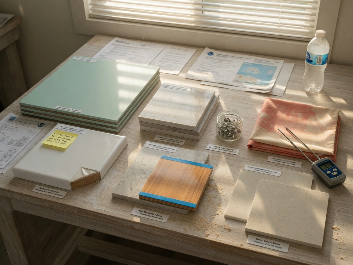 Ultra-realistic 8K photograph of cabinet materials and samples chosen specifically for salt air and humidity resistance, neatly arranged on work table, Florida sunlight