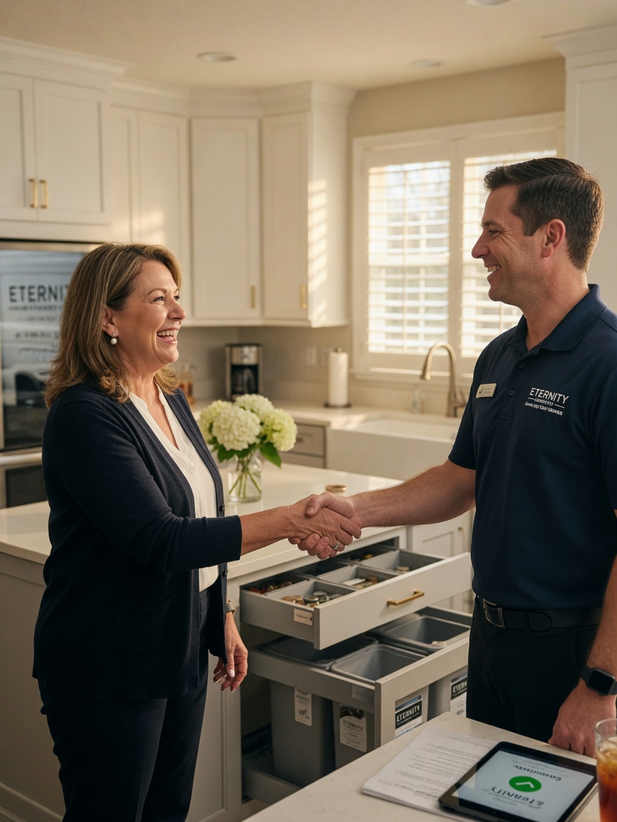 Homeowner shaking hands with Eternity Cabinet technician after successful same day Cart service, satisfied expressions, clean kitchen background, warm professional atmosphere, photorealistic 8K