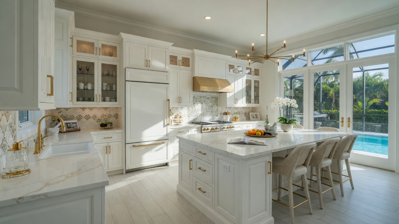 8K realistic wide angle image of a fully restored luxury kitchen in Alico Florida after professional cabinet repairs, bright natural light, high end finishes
