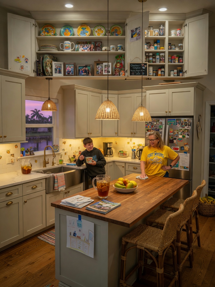 Ultra-realistic 8K evening photograph of a completed Checkout project in a warmly lit Fort Myers family kitchen, showing restored cabinets and happy functional space
