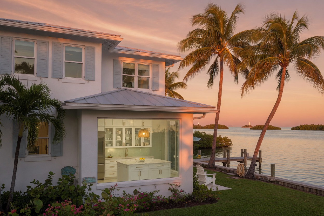 Golden hour ultra-realistic 8K image of a Sanibel Island waterfront home exterior with visible kitchen window showing new custom cabinets inside, palm trees and water in background