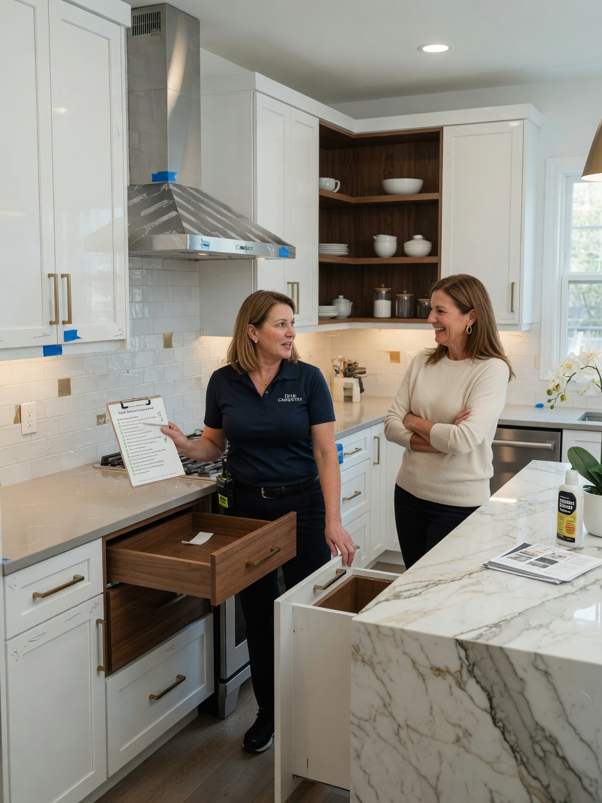 Ultra-realistic 8K final walkthrough scene with technician explaining cabinet care to homeowner in newly installed kitchen, checklist in hand, satisfied customer expression